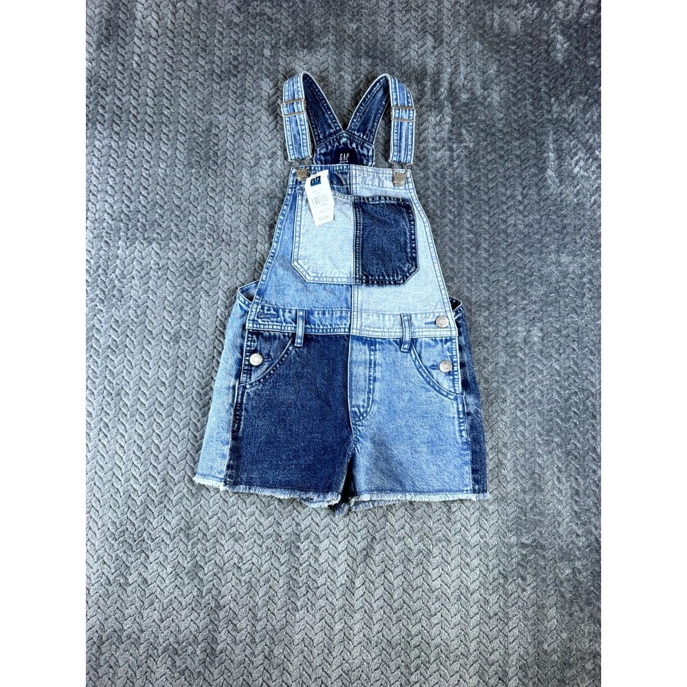 Gap Overall Shortalls Girls S 6/7 Blue Denim Patchwork Colorblock Frayed Hem